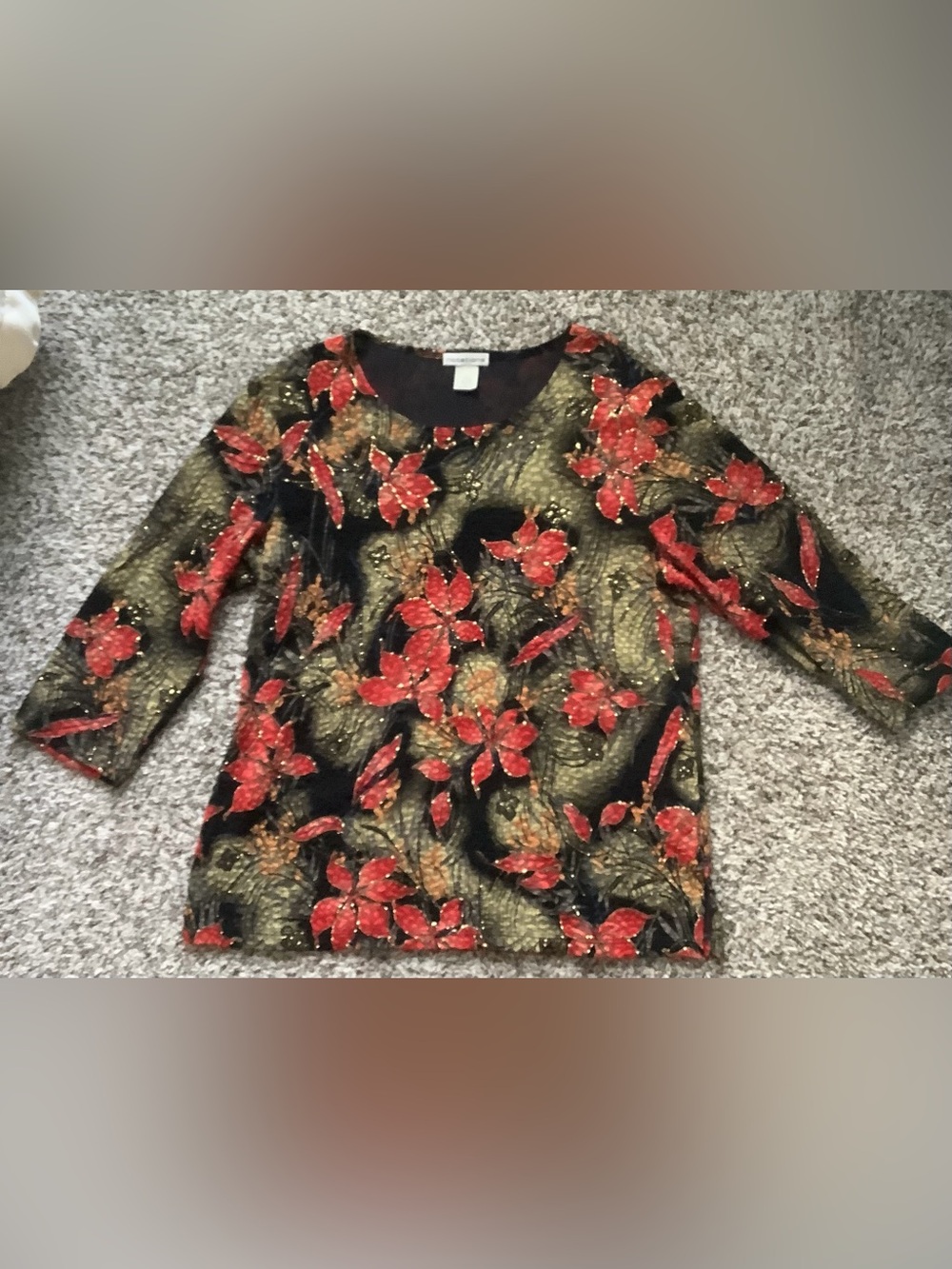 Notations Black Floral Top with Red & Gold Accents